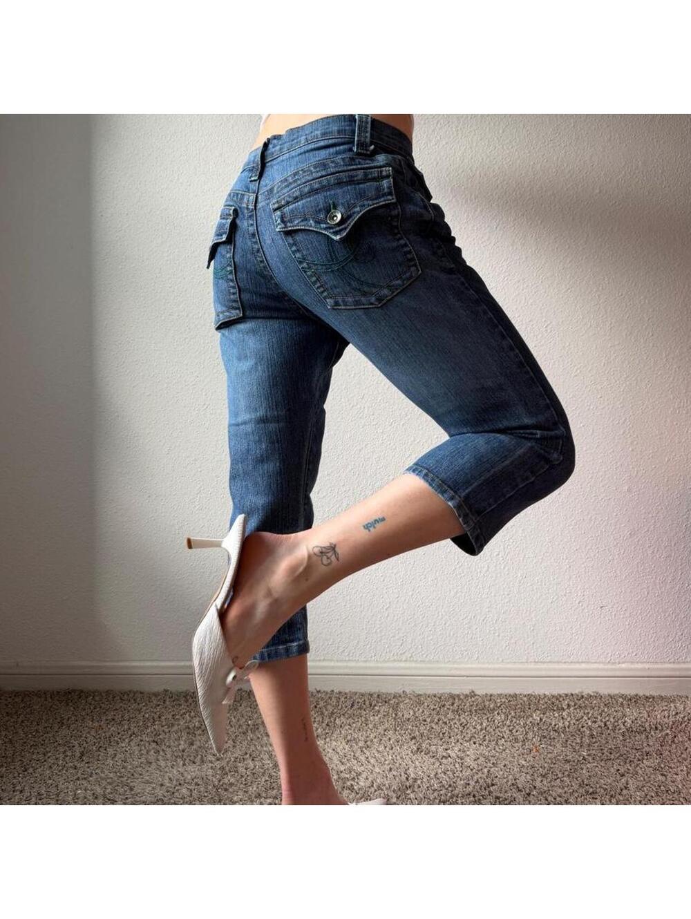 Vintage authentic rare y2k low rise flare cropped cargo denim jeans capris